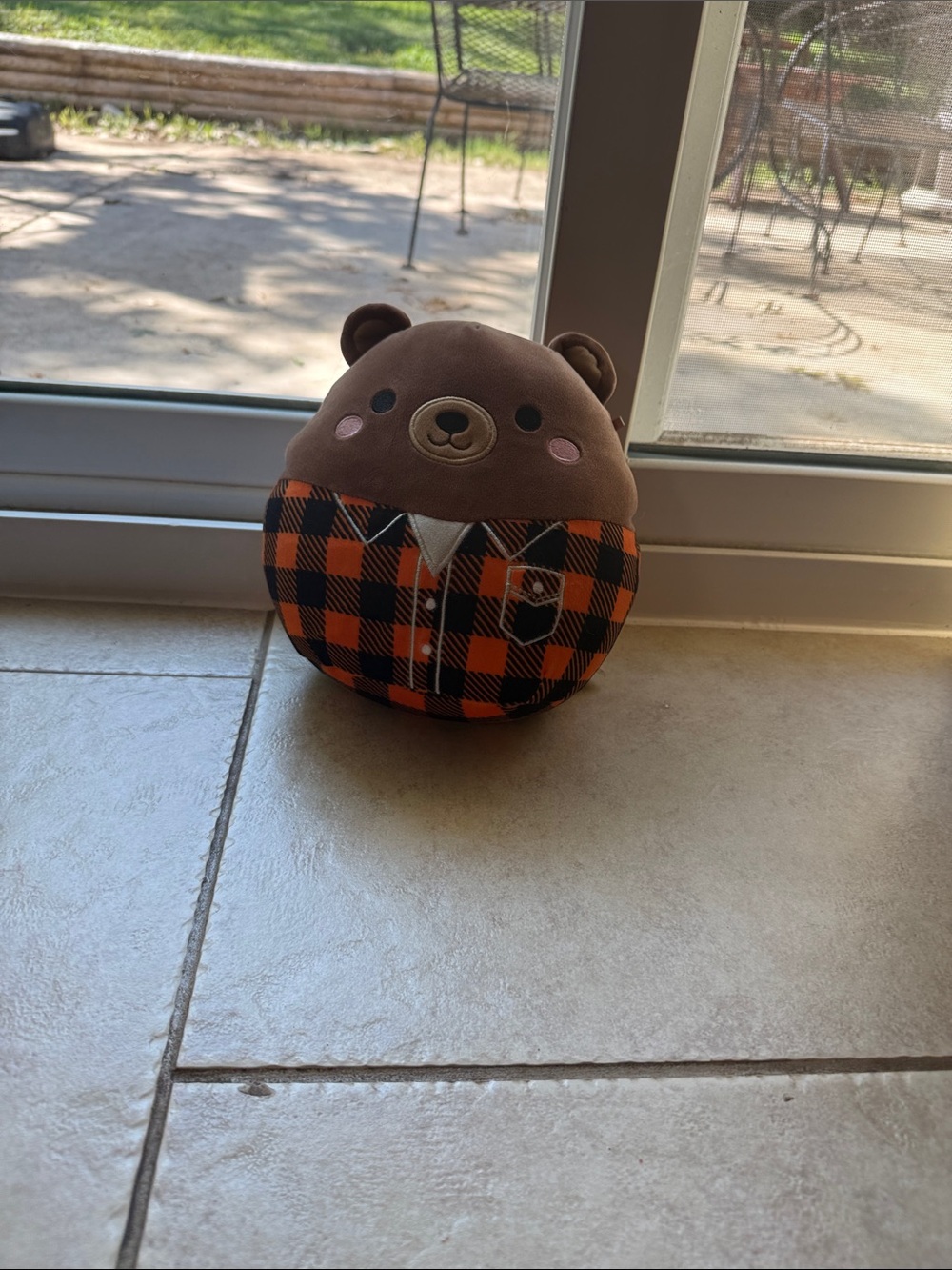 Squishmallows Brown Bear with Orange and Black Plaid Shirt